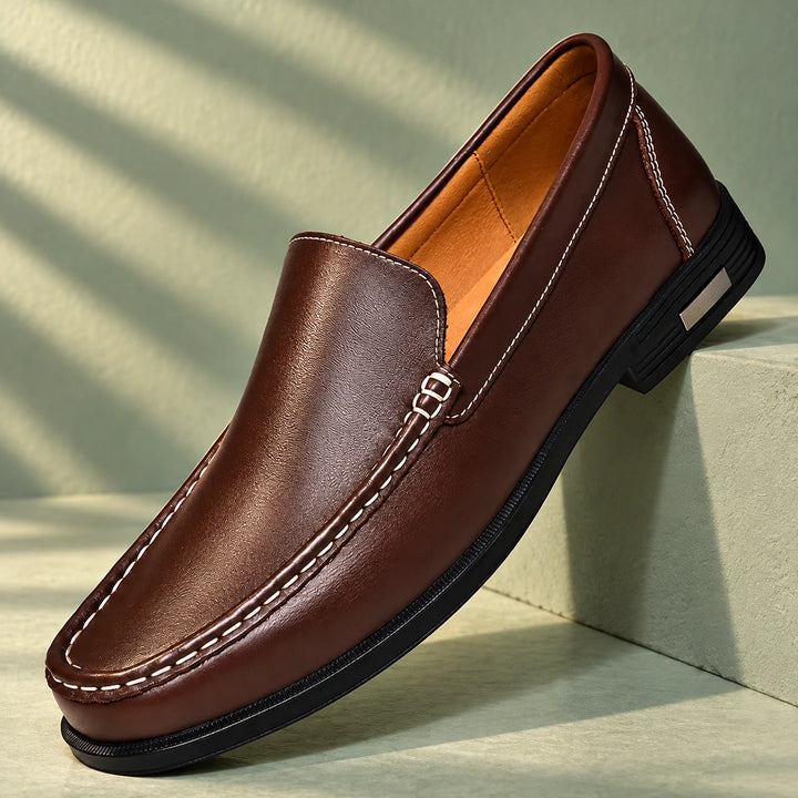 Joshua Genuine Leather Moc Toe Slip On Loafers - Brown