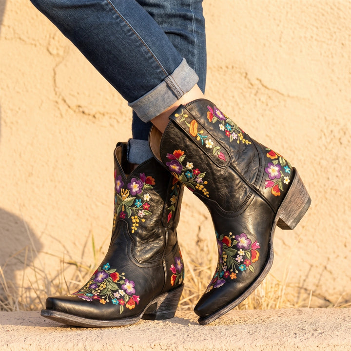 Juniper Floral Embroidered Cowboy Boots - Black