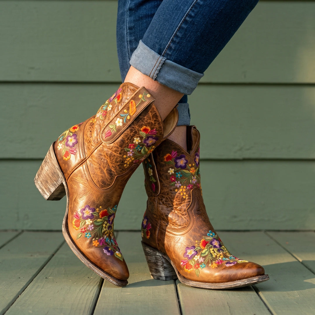 Juniper Floral Embroidered Cowboy Boots - Brown