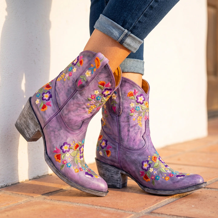 Juniper Floral Embroidered Cowboy Boots - Purple