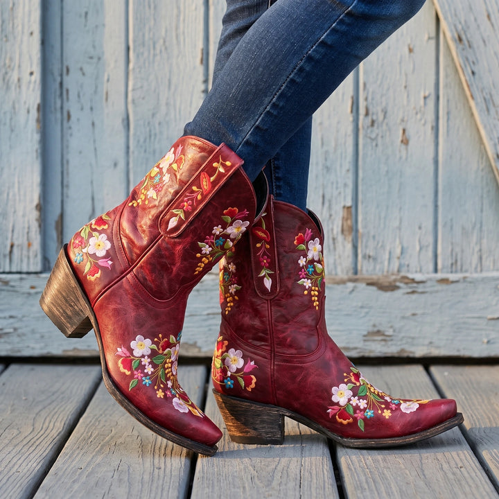 Juniper Floral Embroidered Cowboy Boots - Red