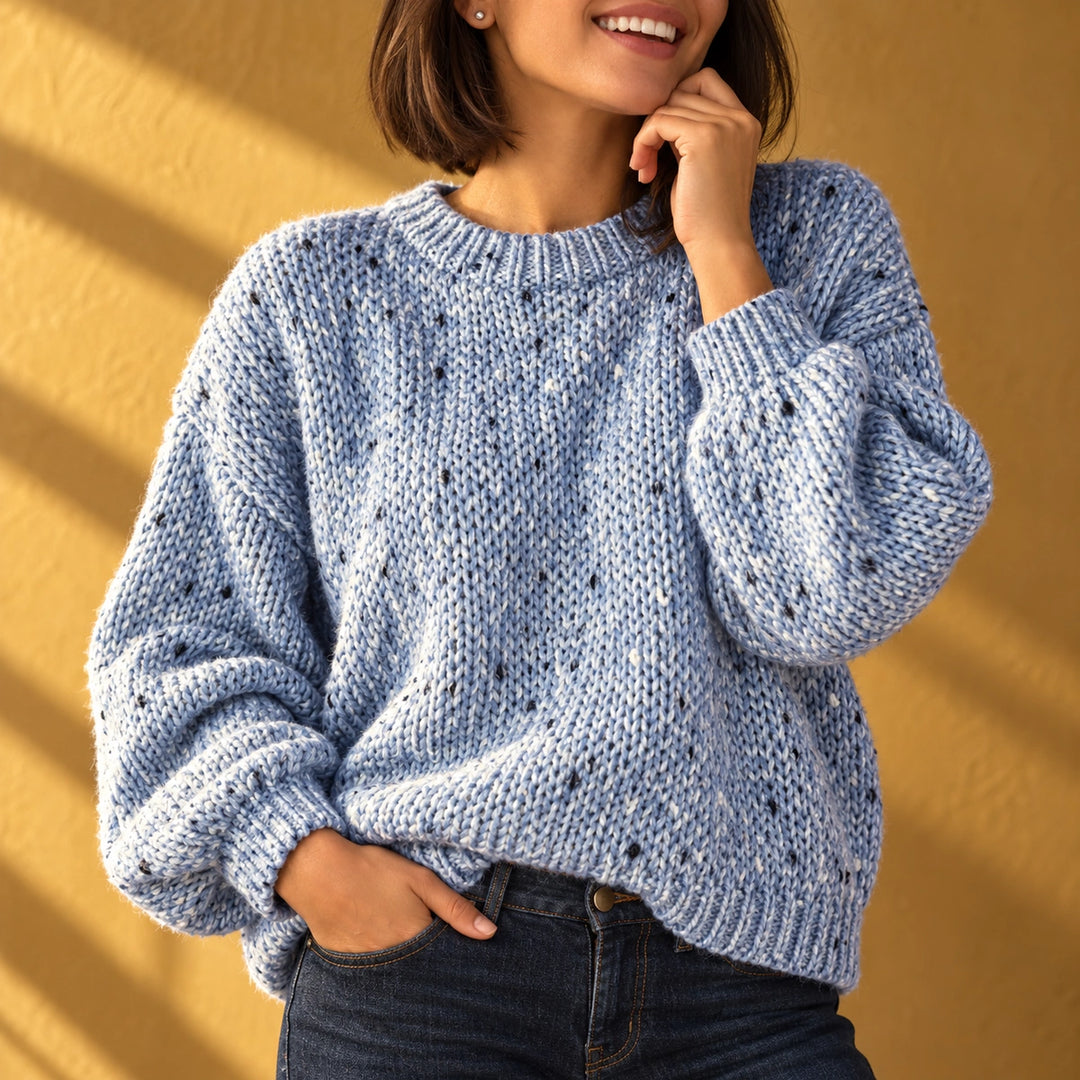 Karen Marled Speckled Knit Balloon Sleeve Sweater - Blue