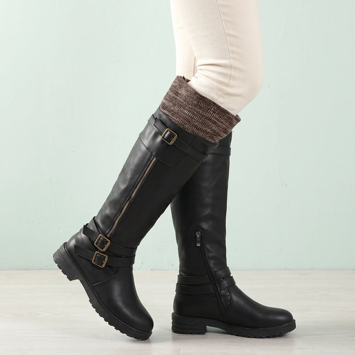 Kathleen Fold Over Knit Cuff Buckle Winter Boots - Black