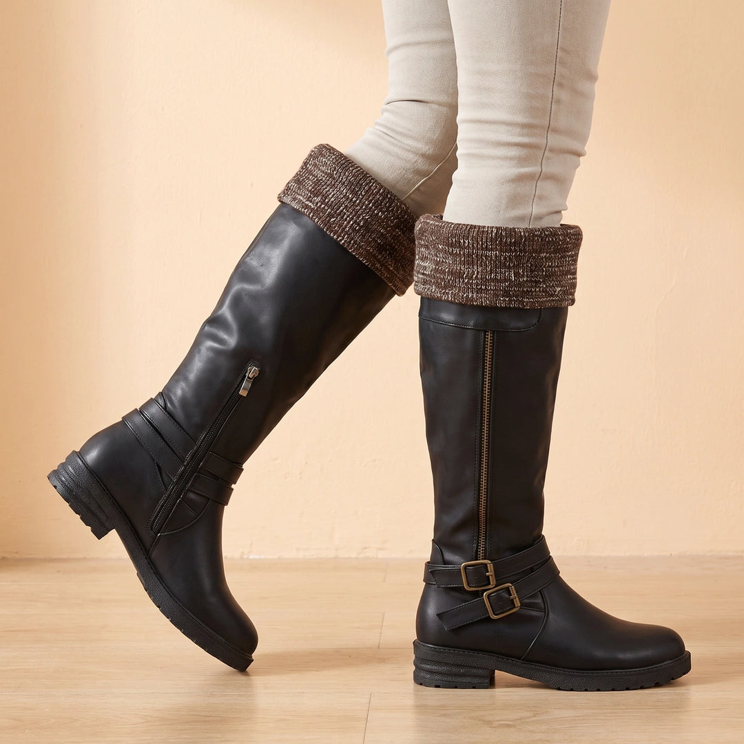 Kathleen Fold Over Knit Cuff Buckle Winter Boots - Black
