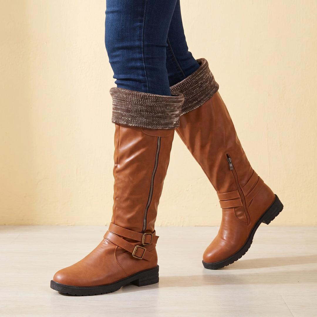 Kathleen Fold Over Knit Cuff Buckle Winter Boots - Brown