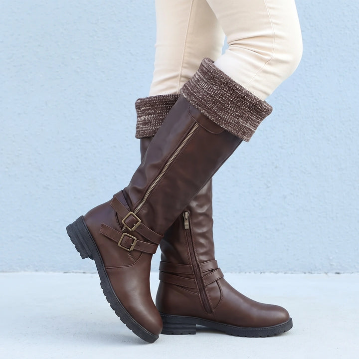 Kathleen Fold Over Knit Cuff Buckle Winter Boots - Dark Brown