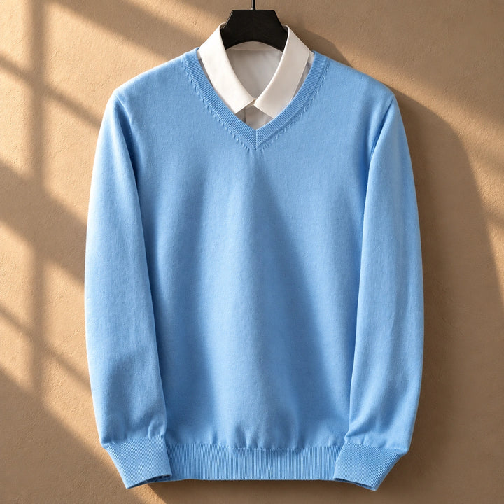 Keith Fine Gauge Knit V Neck Sweater - Light blue