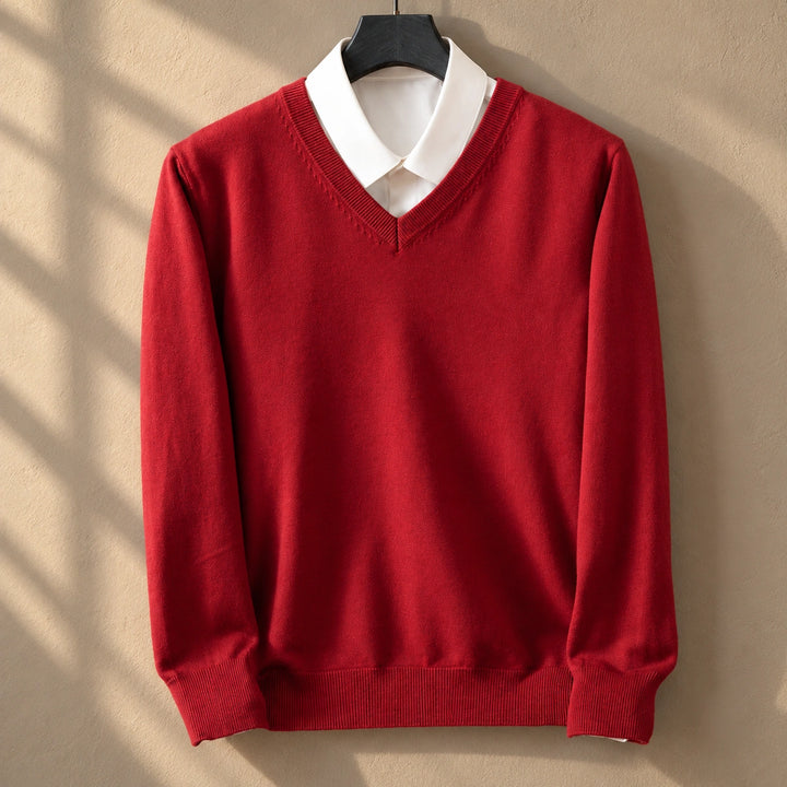 Keith Fine Gauge Knit V Neck Sweater - Red