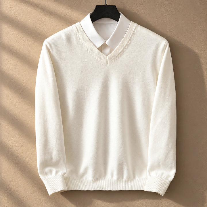 Keith Fine Gauge Knit V Neck Sweater - White