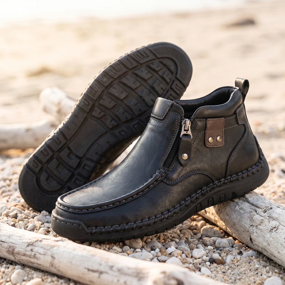 Kendrick Moc Toe Side Zip Leather Boots - Black