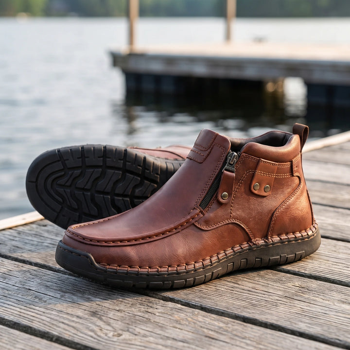 Kendrick Moc Toe Side Zip Leather Boots - Brown