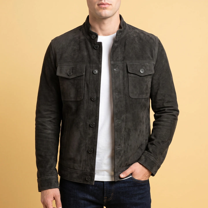 Konstantin Suede Finish Button Front Shirt Jacket - Black