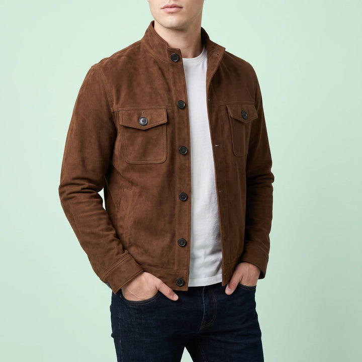 Konstantin Suede Finish Button Front Shirt Jacket - Dark Brown