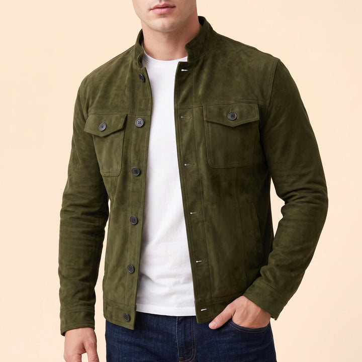 Konstantin Suede Finish Button Front Shirt Jacket - Green