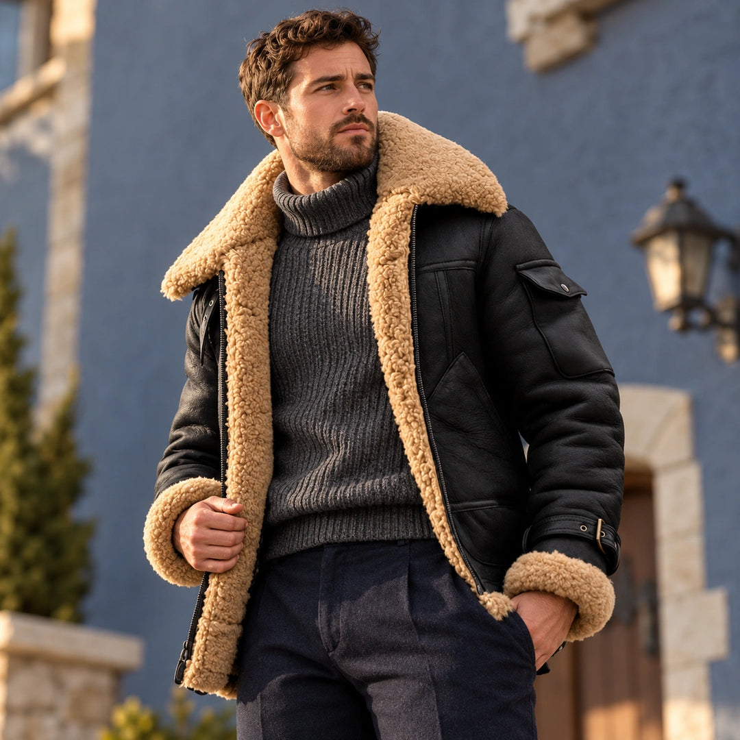 Larry Shearling Collar Leather Aviator Jacket - Black