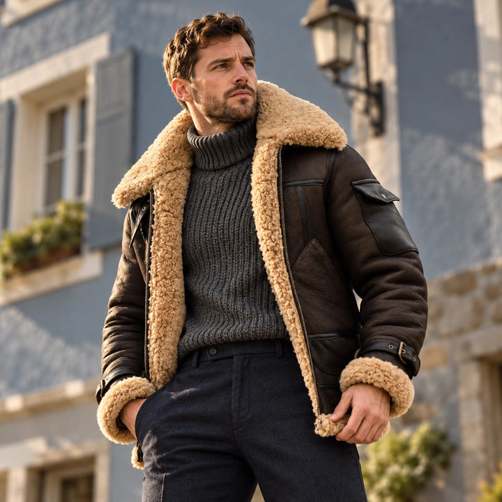Larry Shearling Collar Leather Aviator Jacket - Brown