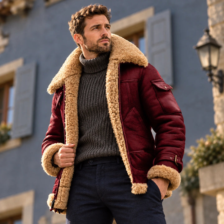 Larry Shearling Collar Leather Aviator Jacket - Burgundy