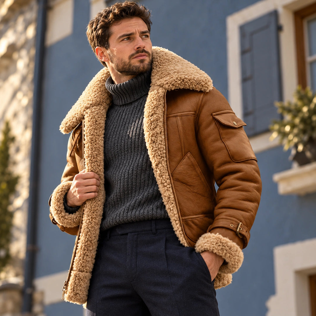 Larry Shearling Collar Leather Aviator Jacket - Khaki