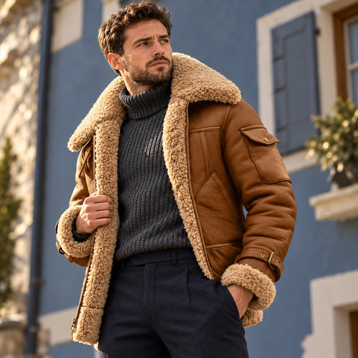 Larry Shearling Collar Leather Aviator Jacket - Khaki