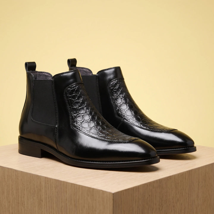 Laurent Polished Leather Croc Panel Chelsea Boots - Black