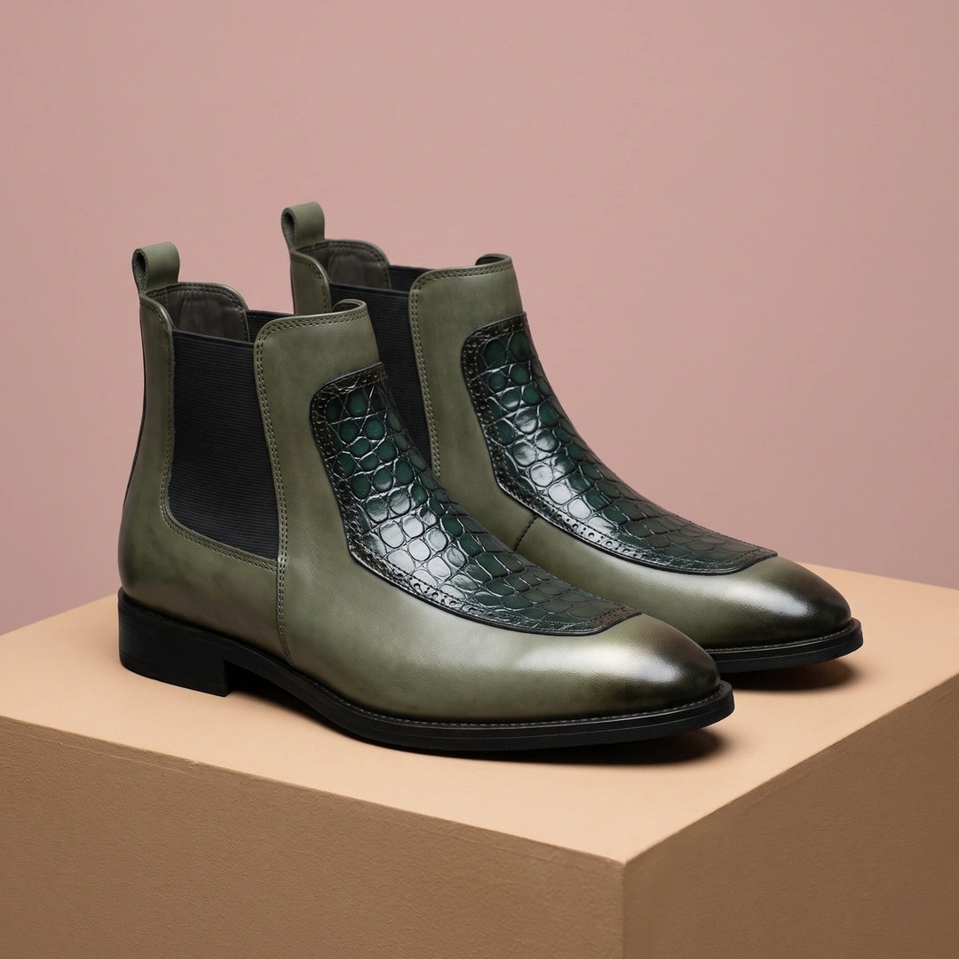 Laurent Polished Leather Croc Panel Chelsea Boots - Olive Green
