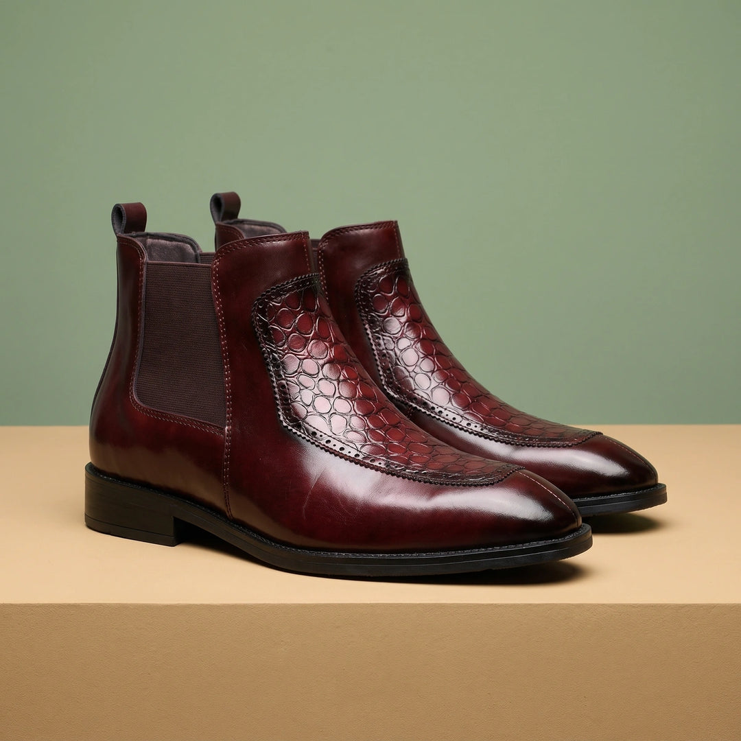 Laurent Polished Leather Croc Panel Chelsea Boots - Wine Red
