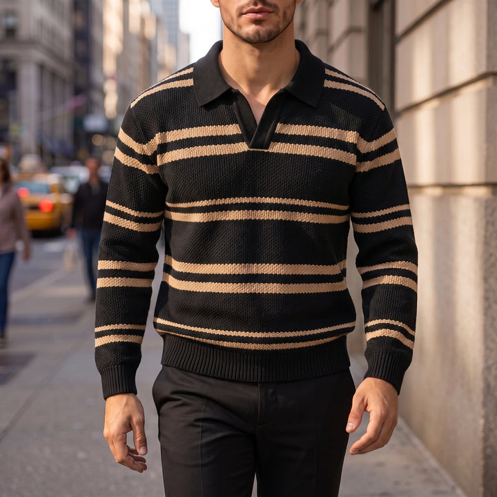Lawson Striped Waffle Knit Polo - Black