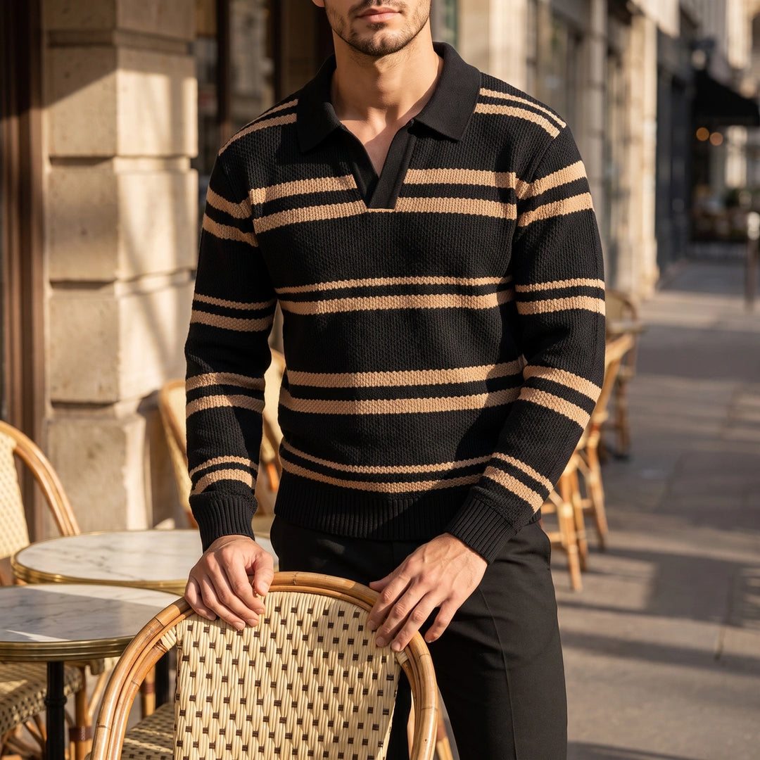 Lawson Striped Waffle Knit Polo - Black