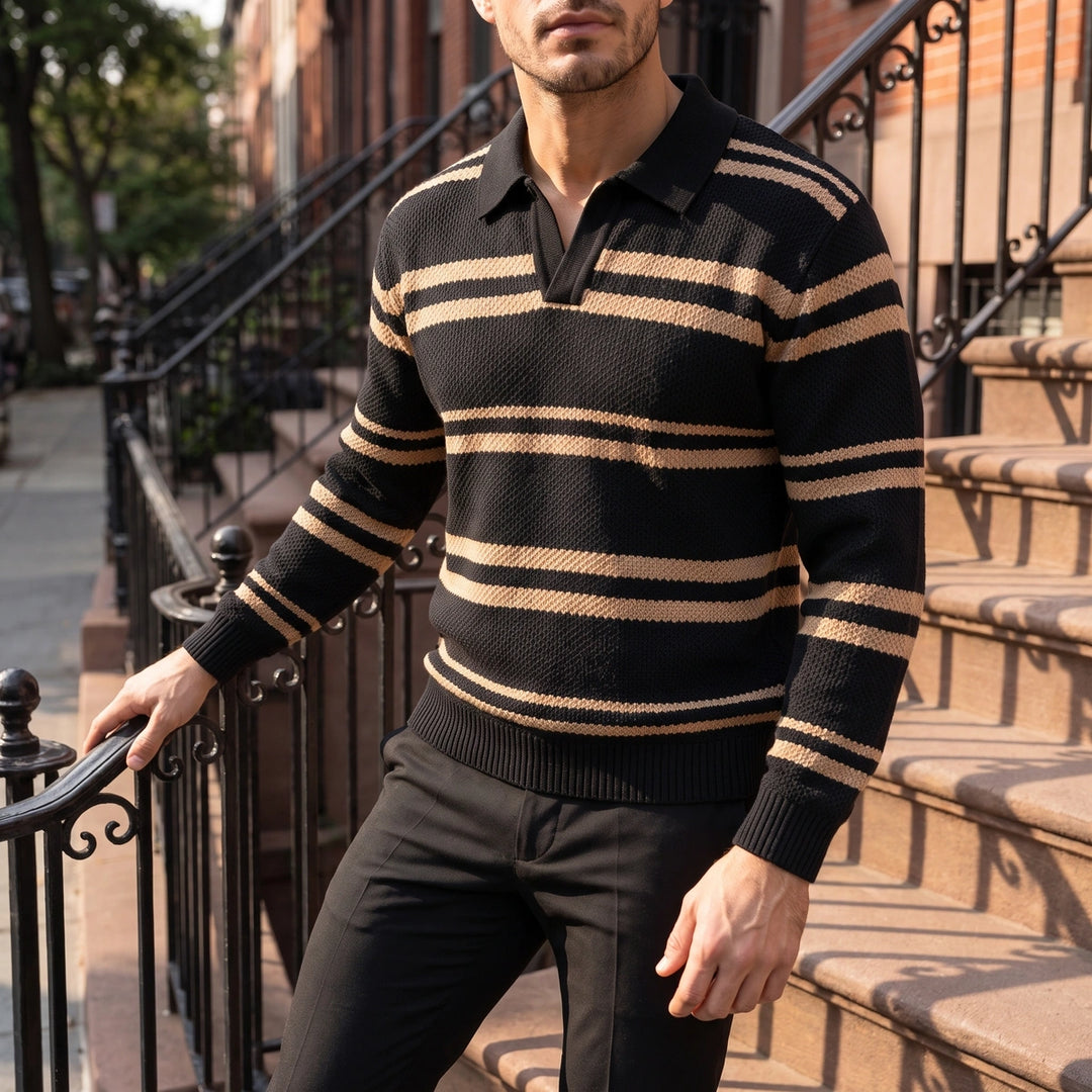 Lawson Striped Waffle Knit Polo - Black