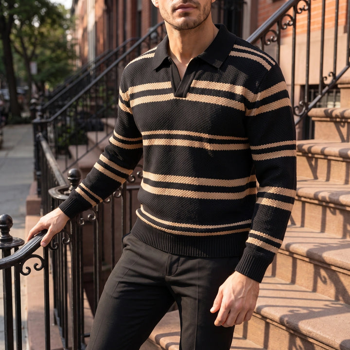 Lawson Striped Waffle Knit Polo - Black