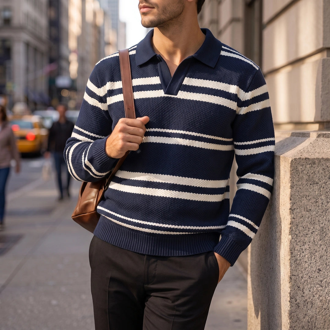 Lawson Striped Waffle Knit Polo - Navy