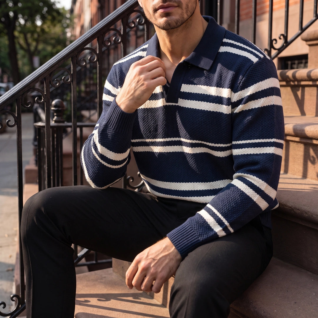 Lawson Striped Waffle Knit Polo - Navy