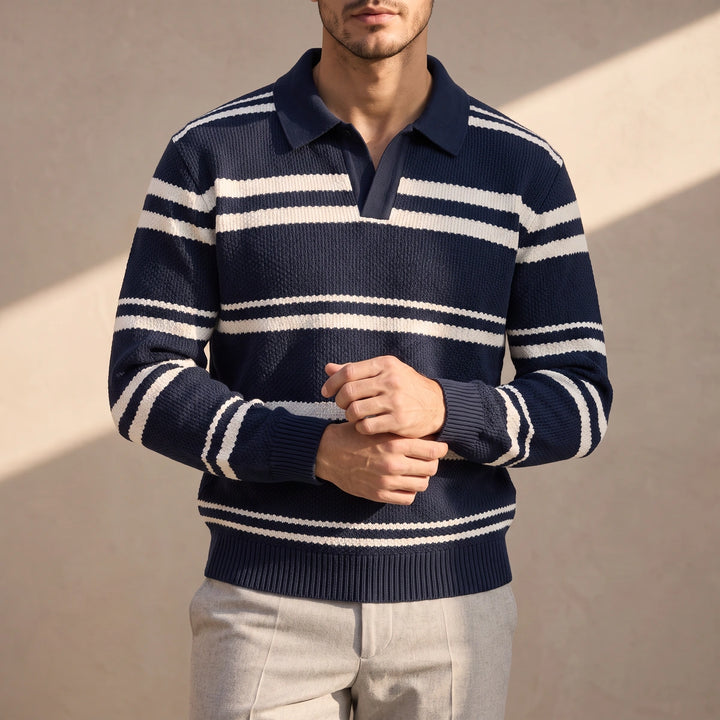 Lawson Striped Waffle Knit Polo - Navy