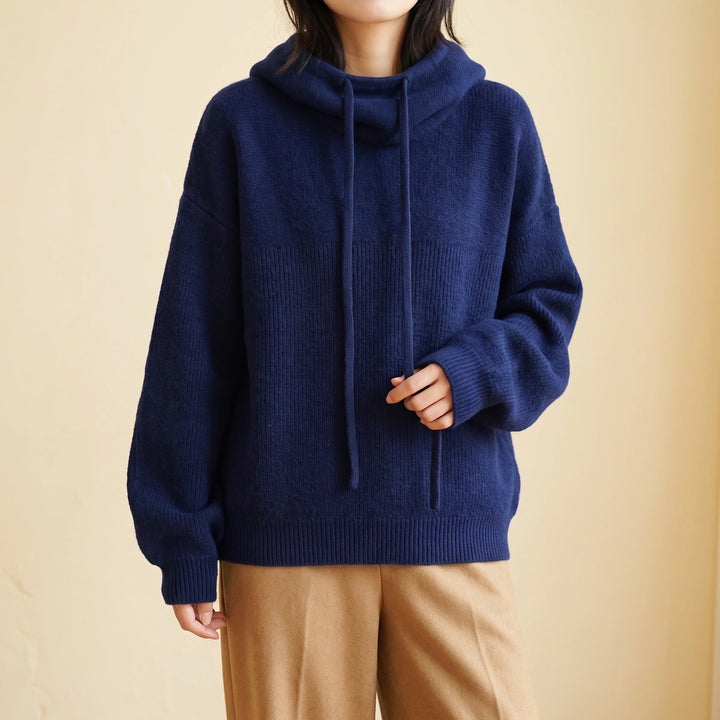 Leah Merino Wool Drawstring Hood Sweater - Blue