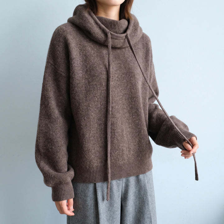 Leah Merino Wool Drawstring Hood Sweater - Brown