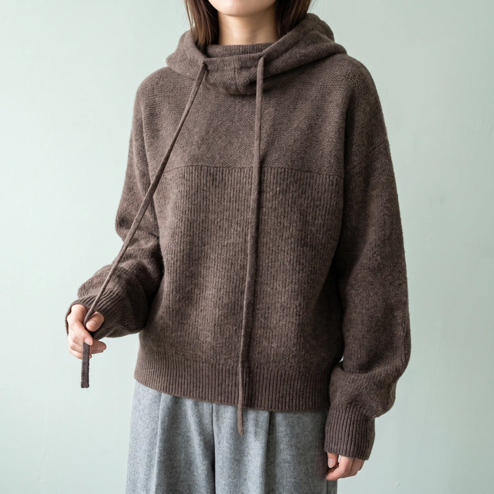 Leah Merino Wool Drawstring Hood Sweater - Brown