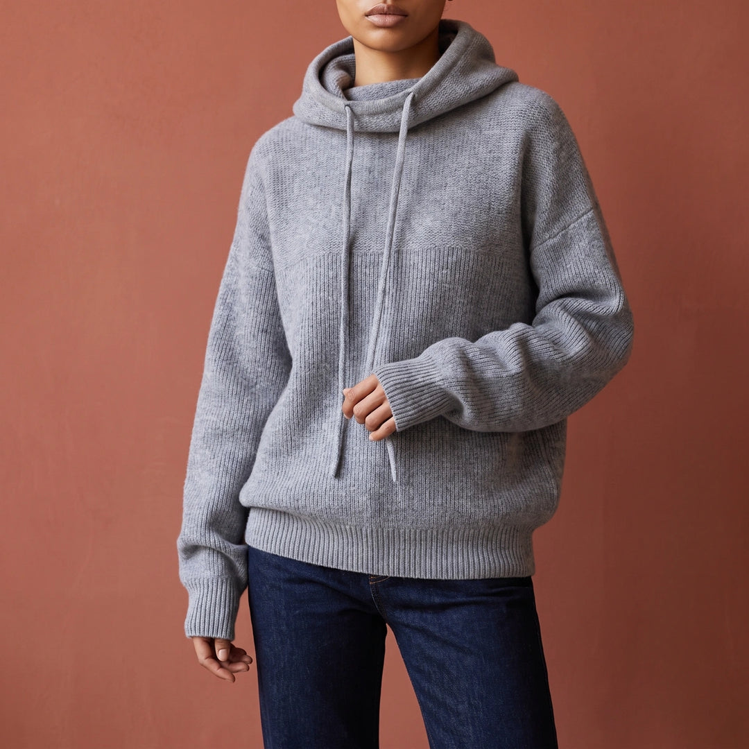 Leah Merino Wool Drawstring Hood Sweater - Gray