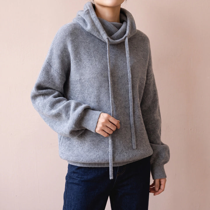 Leah Merino Wool Drawstring Hood Sweater - Gray