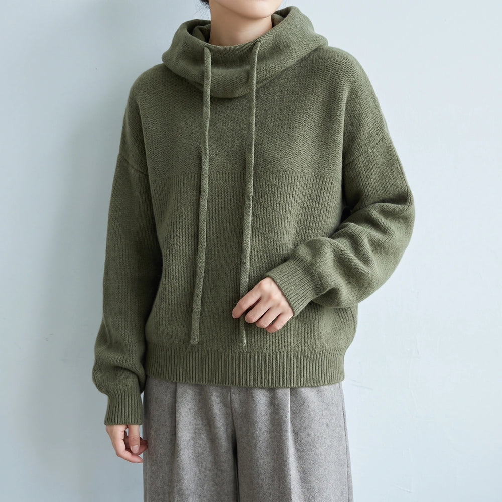 Leah Merino Wool Drawstring Hood Sweater - Green