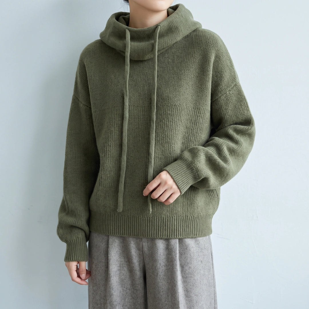 Leah Merino Wool Drawstring Hood Sweater - Green
