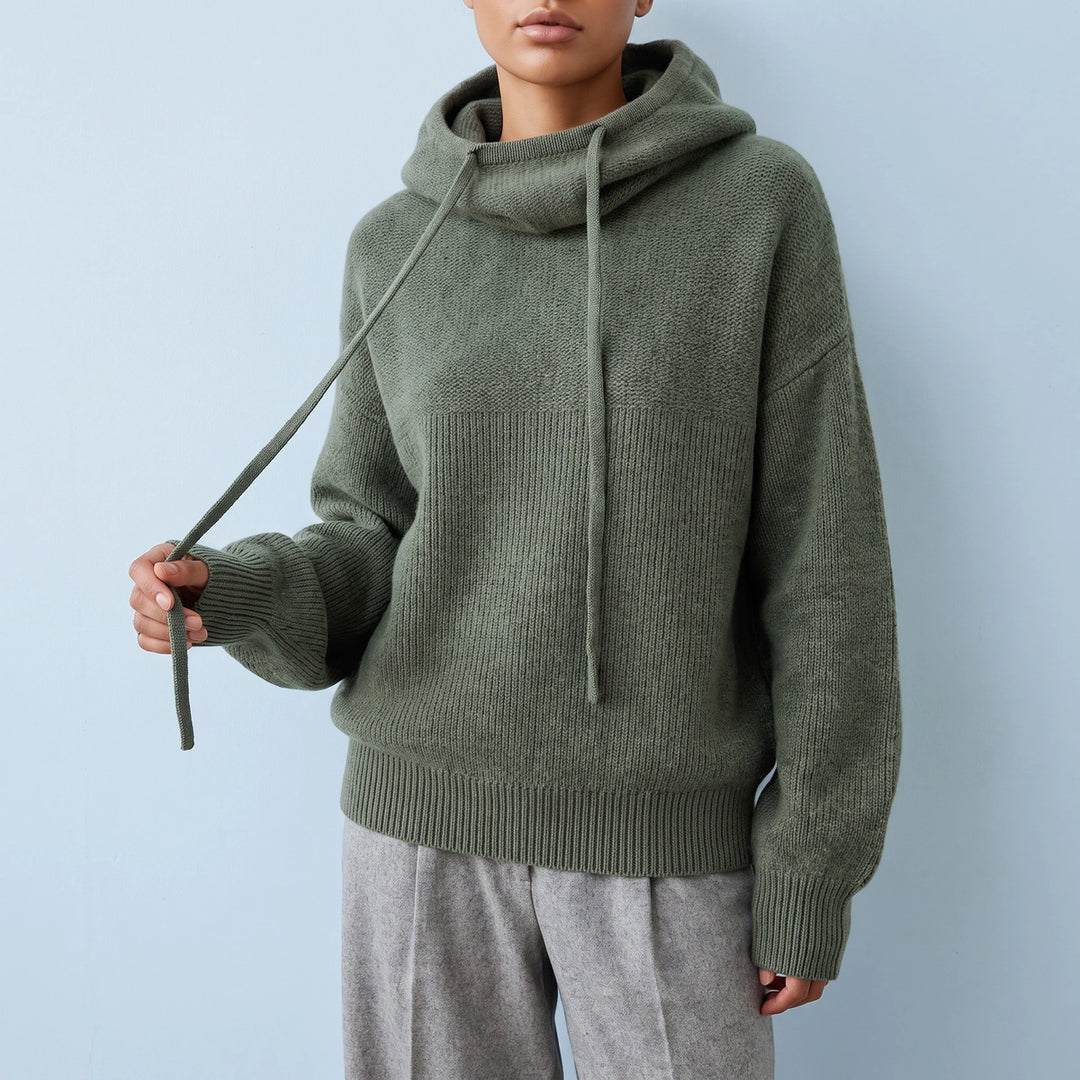 Leah Merino Wool Drawstring Hood Sweater - Green