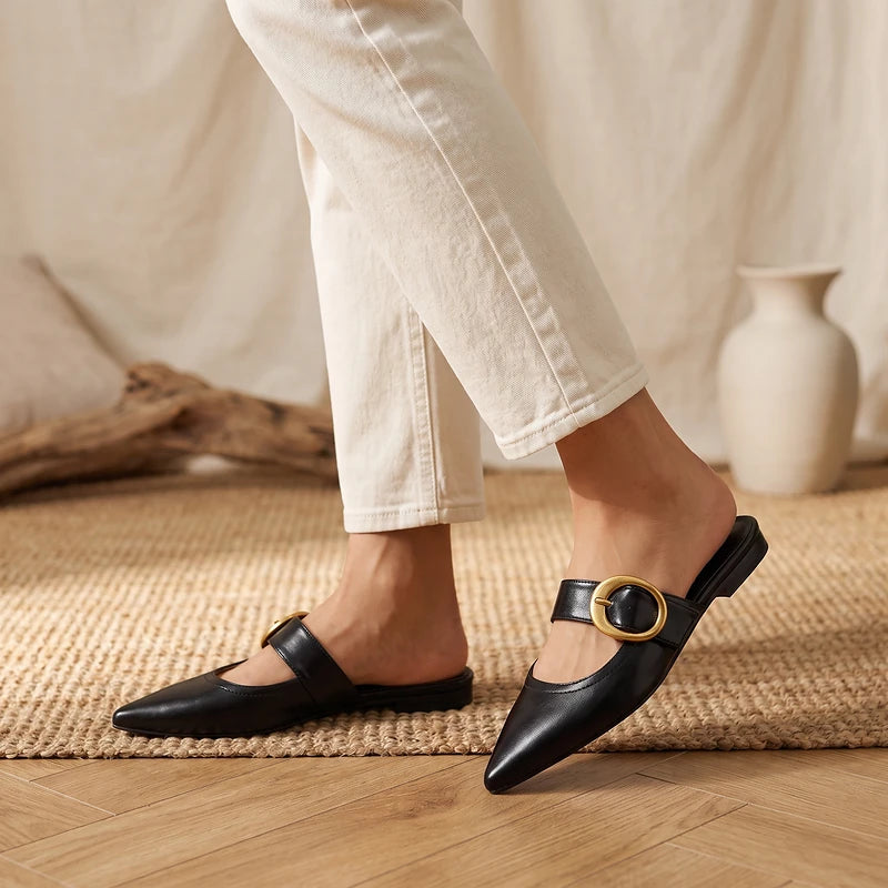 Ines Women's Buckle Strap Flats - Black