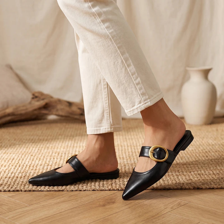 Ines Women's Buckle Strap Flats - Black