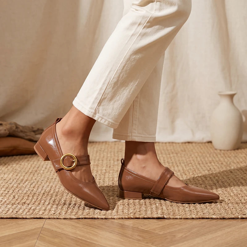 Ines Women's Buckle Strap Flats - Brown