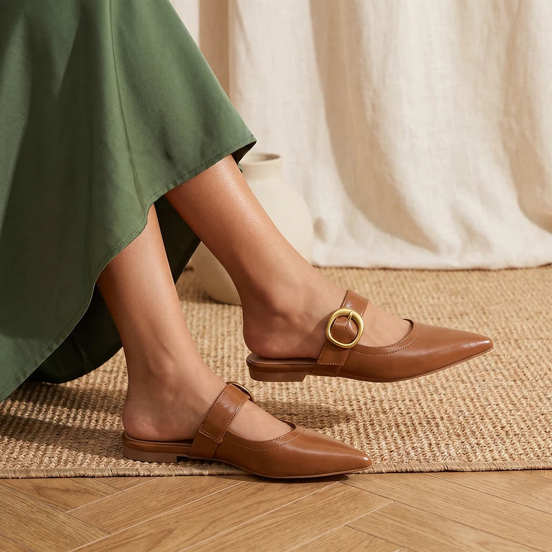 Ines Women's Buckle Strap Flats - Brown