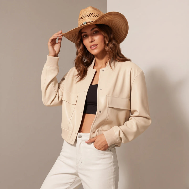 Leocadia Button Front Leather Bomber - Apricot