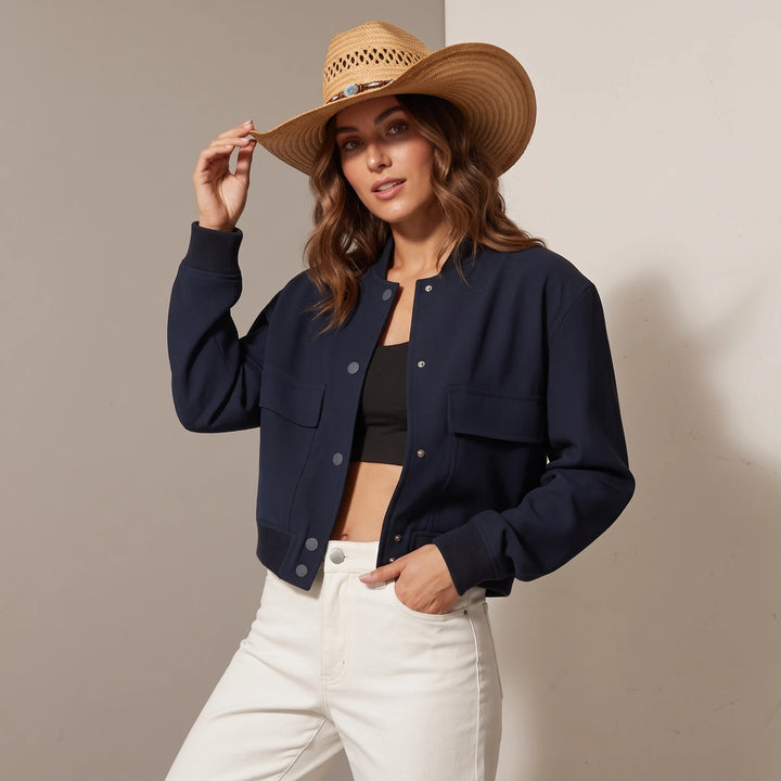 Leocadia Button Front Leather Bomber - Navy Blue