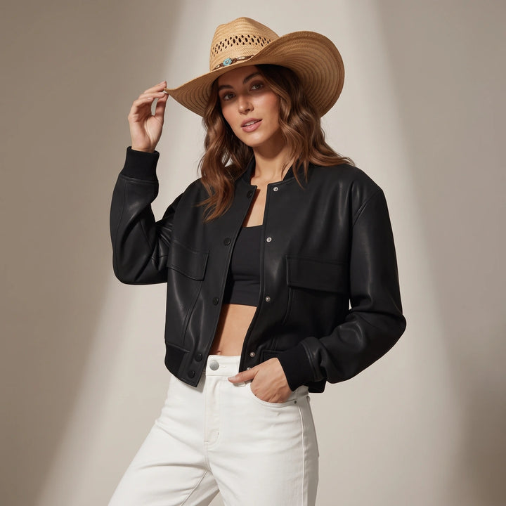 Leocadia Button Front Leather Bomber - Black