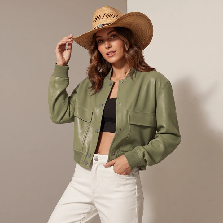 Leocadia Button Front Leather Bomber - Green