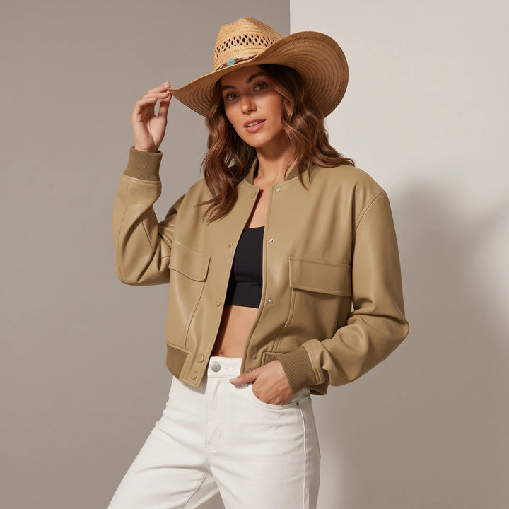Leocadia Button Front Leather Bomber - Khaki